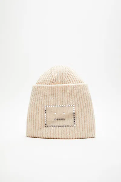 Acne Studios Embellished Face Square Beanie In Oatmeal Melange