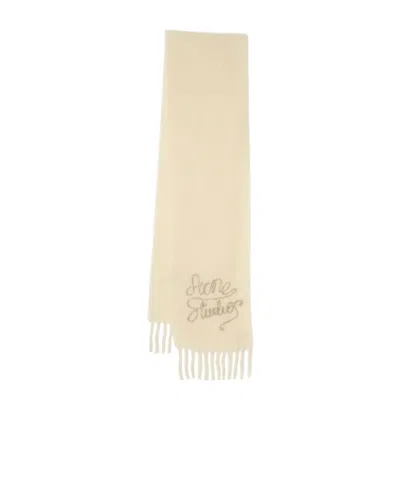 Acne Studios Fringed Metallic Embroidered Knitted Scarf In Neutral