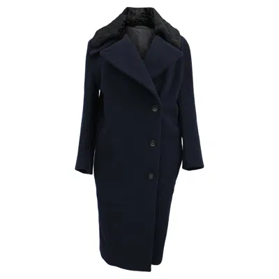 Acne Studios Era Single-breasted Faux Fur Collared Coat In Navy Blue Wool