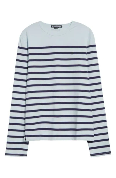 Acne Studios Erada U Face Patch Breton Stripe Stretch Cotton T-shirt In Pale Blue Aav