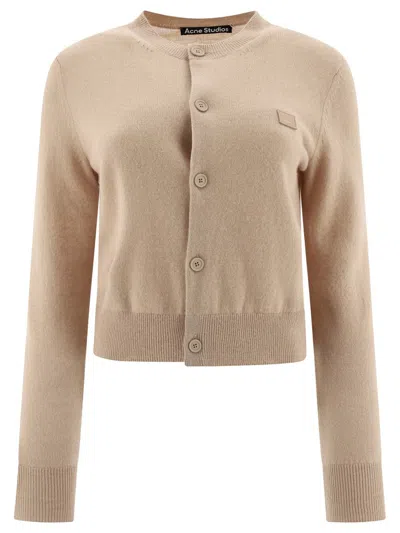 Acne Studios Logo Patch Crewneck Cardigan In Beige