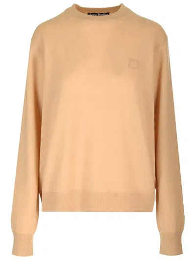 Acne Studios Face Logo Patch Crewneck Sweater In Beige