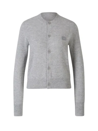 Acne Studios Face Logo Patch Knitted Cardigan In Grey