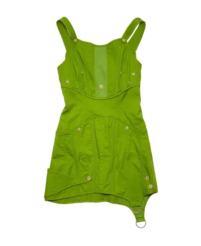 Acne Studios Cutout Button-embellished Cotton-blend Mini Dress In Bright Green