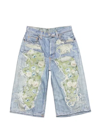Acne Studios Floral-patchwork Distressed Shorts In Blue