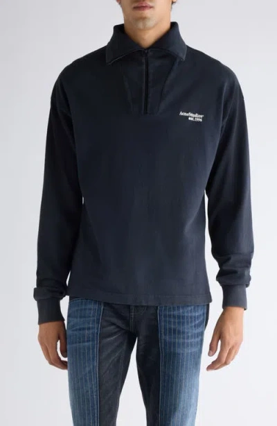 Acne Studios Fout Embroidered Logo Organic Cotton Quarter Zip Pullover In Blue