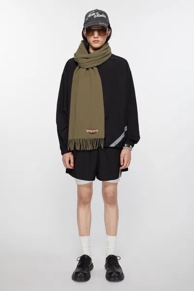 Acne Studios Fringe Wool Scarf - Narrow In Khaki Green