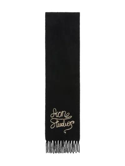 Acne Studios Fringed Logo-detail Scarf In Black