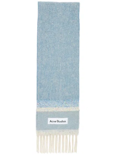 Acne Studios Fringed Logo Scarf In Denim Blue