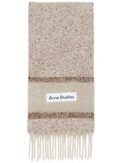 Acne Studios Fringed Logo Scarf In Neutrals