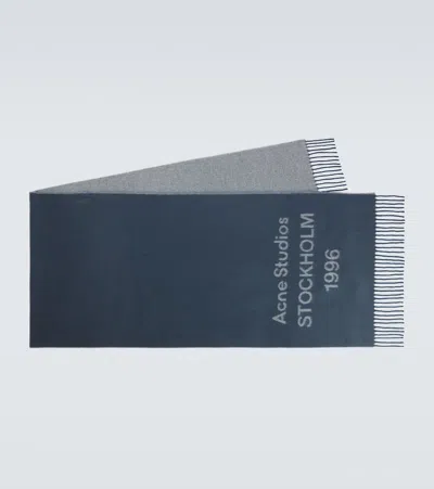 Acne Studios Fringed Logo Wool Scarf In Blue
