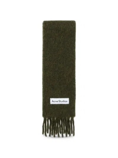 Acne Studios Fringed Logo-patch Scarf In Green