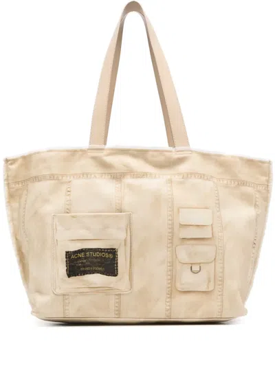 Acne Studios Fringed Printed Tote Bag In Neutrals