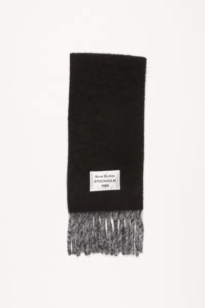 Acne Studios Fringed Scarf Logo Label In Black,grey