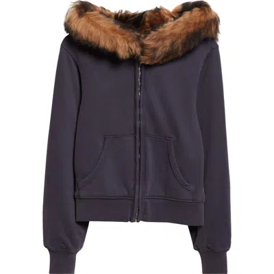 Acne Studios Fuma Organic Cotton Fleece Zip-up Hoodie With Removable Genuine Shearling Trim In Blue