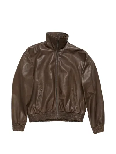 Acne Studios Funneled Zip Leather Jacket In Brown
