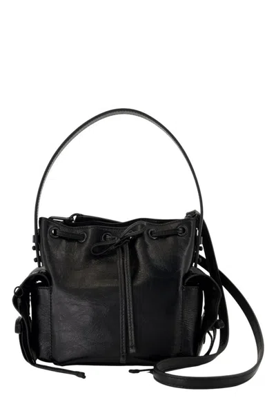 Acne Studios Gathered Drawstring Shoulder Bag In Glossy Calf Leather In Black