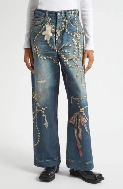 Acne Studios Womens Mid Blue Graphic-print Wide-leg Denim Jeans