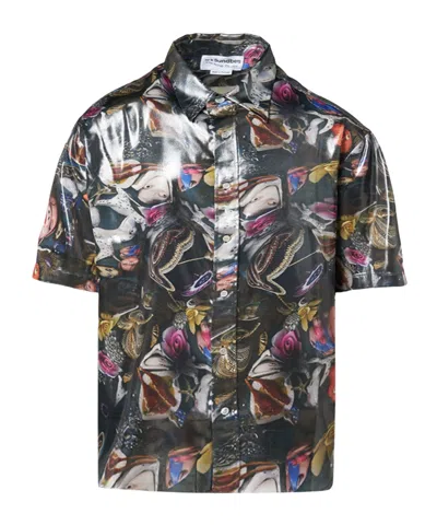 Acne Studios Graphic-print Lamé Shirt In Black