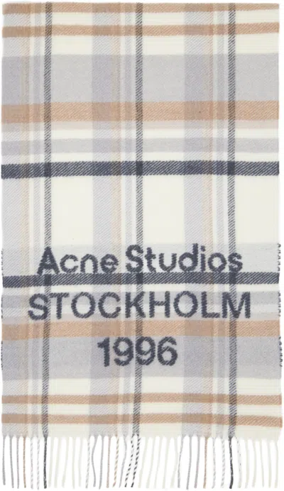 Acne Studios Gray & Beige Check Logo Wide Scarf In Multi