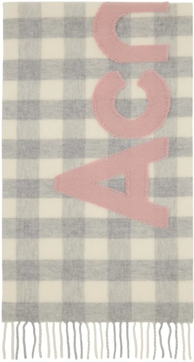 Acne Studios Gray & White Check Logo Scarf In Ans Grey/pink