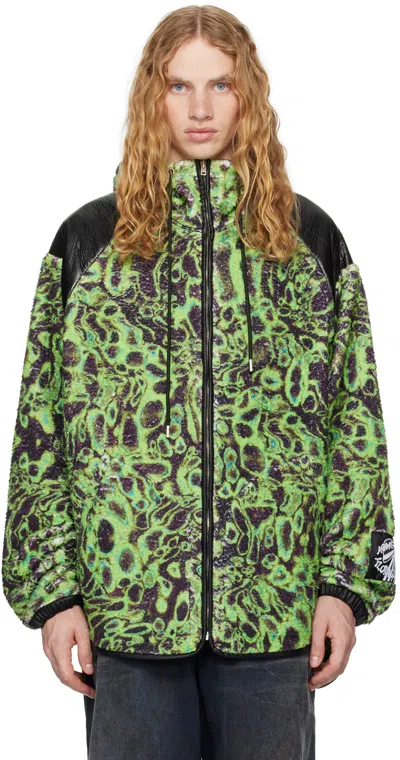 Acne Studios Printed Fleece Hooded Jacket In Green,black