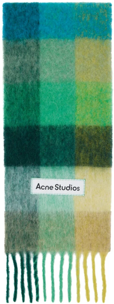 Acne Studios グリーン＆ブルー モヘア チェック マフラー In Dqd Jade Green/yello