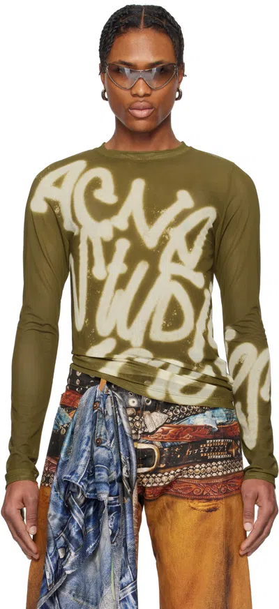 Acne Studios Green Sprayed Logo Long Sleeve T-shirt In Cje Dark Khaki Green