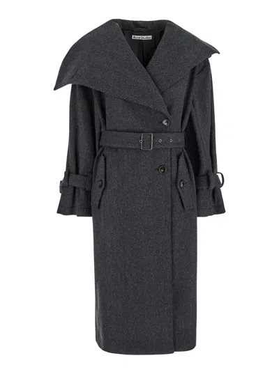 Acne Studios Womens Grey Black Long-sleeves Buckle-belt Regular-fit Wool-blend Coat
