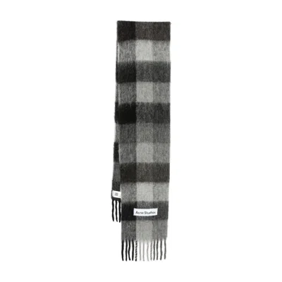 Acne Studios Fringed Checked Knitted Scarf In Gray