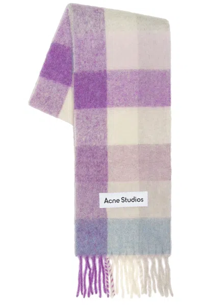 Acne Studios Womens  Logo-patch Checked Knitted Scarf In Purple