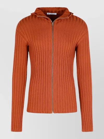 Acne Studios Hooded Cotton Sweatshirt Ribbed Long Sleeves In Orange