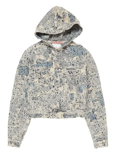 Acne Studios Hooded Distressed Denim Jacket In Gray