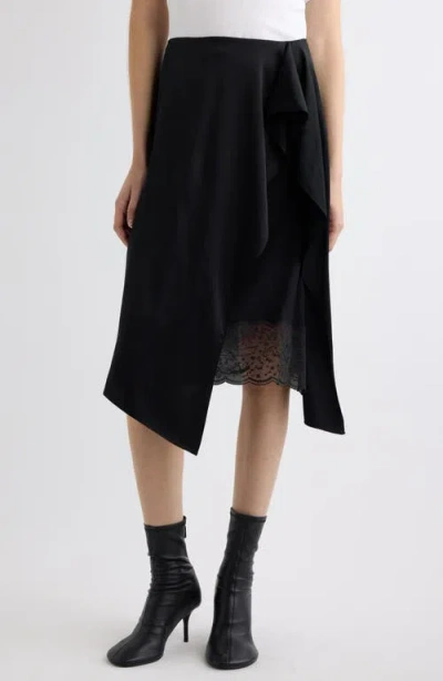 Acne Studios Inouka Ruffle Asymmetric Viscose Satin Midi Skirt In Black