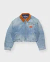 Acne Studios Leather Collar Denim Bomber Jacket In Blue