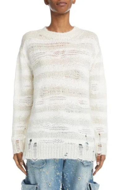 Acne Studios Karita Distressed Stripe Open Stitch Cotton, Mohair & Wool Blend Sweater In White