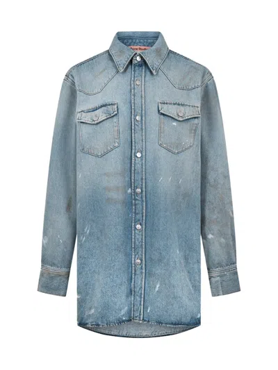 Acne Studios Light Blue Button-down Denim Shirt With Distressed Finish In Multi