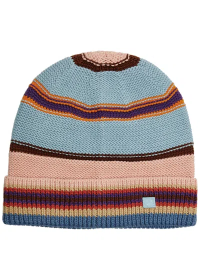 Acne Studios Kenzil Striped Ribbed Cotton Beanie In Blue