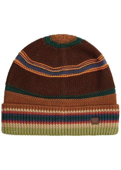 Acne Studios Kenzil Striped Ribbed Cotton Beanie In Brown