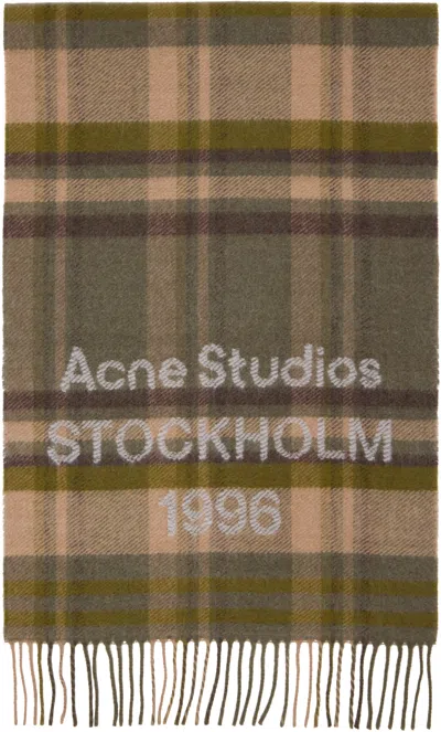 Acne Studios Khaki & Beige Wide Check Logo Scarf In Green