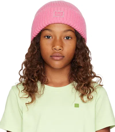 Acne Studios Kids Pink Embellished Face Logo Beanie In Tango Pink