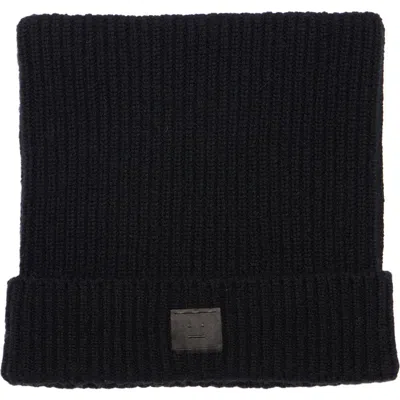 Acne Studios Kua Face Patch Rib Wool & Yak Hair Beanie In Black