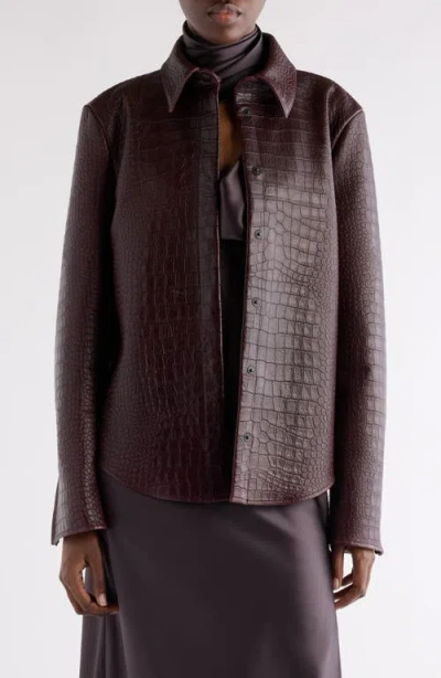 Acne Studios Lamank Croc Embossed Leather Shirt Jacket In Burgundy