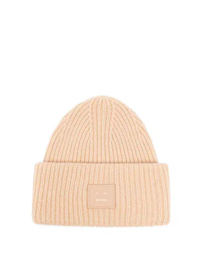 Acne Studios Face-patch Ribbed-knit Beanie In Beige