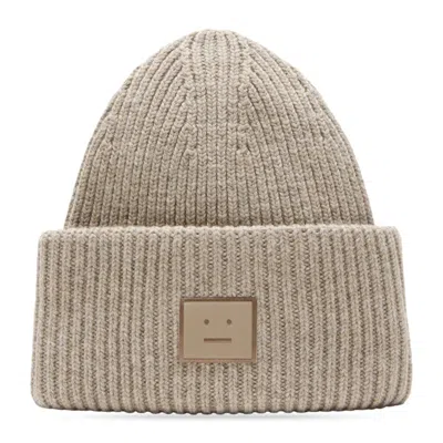 Acne Studios Large Face Logo Beanie Greige Melange In Brown