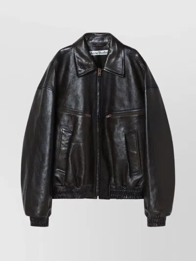 ACNE STUDIOS LEATHER BOMBER JACKET FEATURING POCKETS