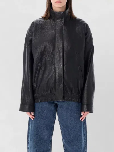 Acne Studios Leather Bomber Jacket High Collar Hem In Black
