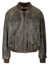 Acne Studios Black Distressed Leather Bomber Jacket
