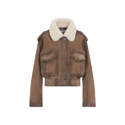 Acne Studios Leather Bomber Jacket In Brown