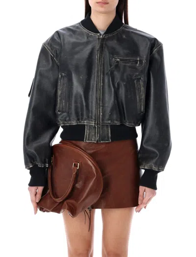 Acne Studios Cropped Leather Bomber Jacket In Black